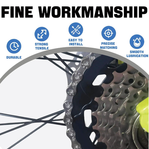Close-up of Universal Bike Chain For Six To Twelve Speed Bikes showing durability icons and gear in background.