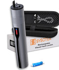 Sysotek Visual Fault Locator VFL pen; gray metal body with retractable head, protective case, and LC adapter
