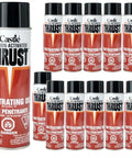 Thrust Penetrating Oil Aerosol 15.75 Oz Case of 12 for metal bolts and gears, shown in red and black cans.