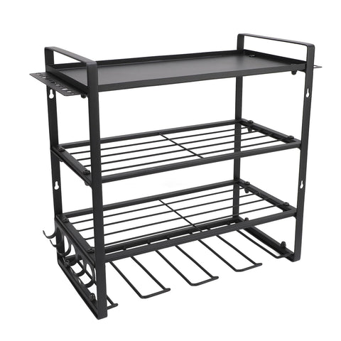 Heavy Duty Metal Wall Mount Power Tool Organizer With Extra Slots And Hooks For Sick Garage Shop Setup, black metal tool rack with shelves.