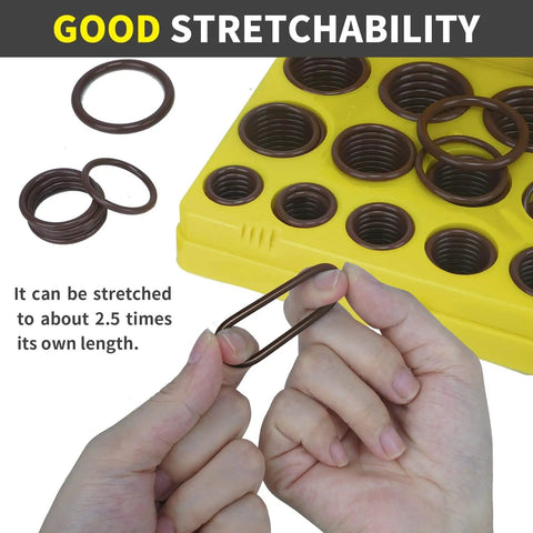 Hands stretching a brown Viton O Ring from the O Ring Assortment Kit With 30 SAE AS568 Sizes showing good stretchability, yellow case shown.
