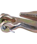 Close-up of 1/4 Inch Chain Hooks G70 Clevis Grab Hooks for crane trailer transport, zinc finish, heavy-duty alloy steel, rust resistant.