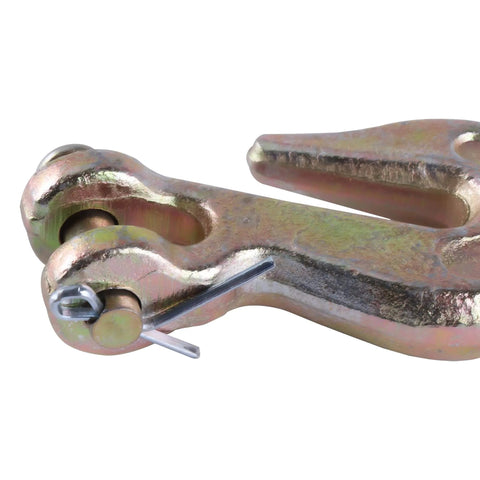 Close-up of 1/4 Inch Chain Hooks G70 Clevis Grab Hooks for crane trailer transport, zinc finish, heavy-duty alloy steel, rust resistant.