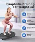 Woman using FitMaxx 3D XL Vibration Plate Exercise Machine for a full body workout with loop bands and acupressure surface at home