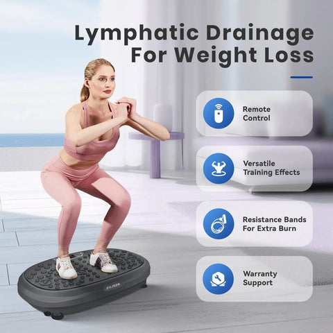 Woman using FitMaxx 3D XL Vibration Plate Exercise Machine for a full body workout with loop bands and acupressure surface at home