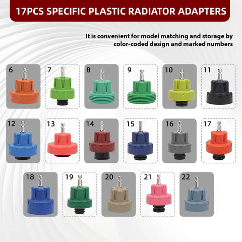 Front view of a 17-piece plastic radiator adapters set, color-coded for automotive coolant vacuum refill kit