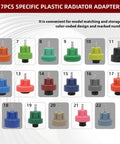 17 pieces of plastic radiator adapters in various colors for the Drop Dead Easy Coolant Vacuum Refill Kit, ideal for convenient model matching.