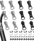 Ultimate Zipper Repair Kit 48 Pcs With Universal Sliders And Stops for fixing zippers on jackets, bags, boots. DIY quick fix solution.