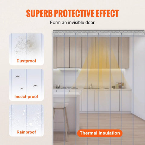 Clear PVC Strip Curtain 12 Pack For Walk In Freezers, Coolers And Warehouse Doors, 96 Inch High By 72 Inch Wide, demonstration of protective effects, including dustproof, insect-proof, rainproof, and thermal insulation features.