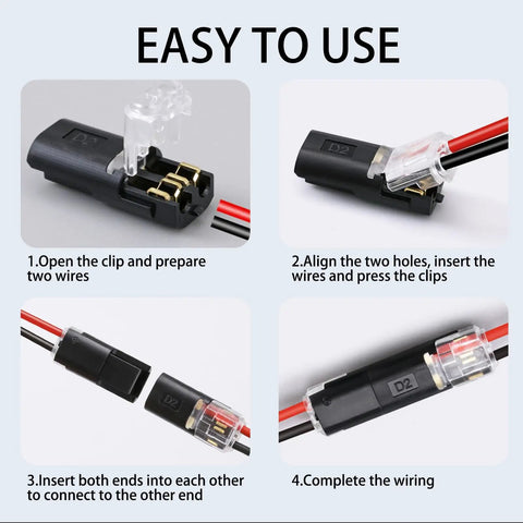 Steps to use Two Pin LED Strip Light Connectors With Locking Buckle Quick Plug In Splice Clips for 22 18 AWG Wires