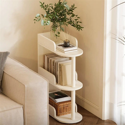 Space Saving Solid Wood Floor Book Shelf With Narrow Seam Design in living room corner, showing modern floating look and books