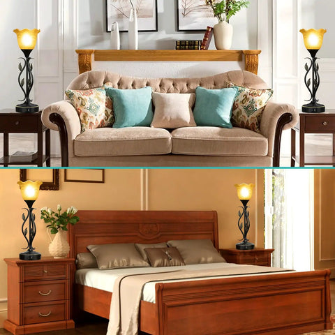 Set Of 2 Rustic Torchiere Bedside Lamps With USB Port, 3 Way Dimmable Touch Table Lamps, Glass Flower Shade With Vine Leaf Design