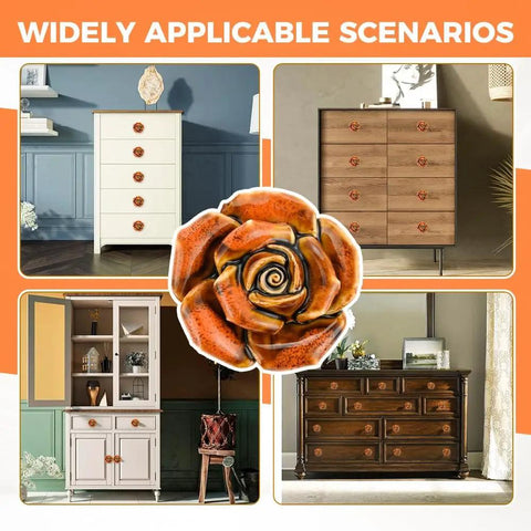 6 Pack Vintage Ceramic Cabinet Knobs Rose Flower Drawer Pulls For Furniture Kitchen Dresser Closet with Screws shown on cabinetry