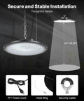 Secure installation diagram for 10 Pack LED High Bay Lights 150W 21000LM 5000K Beast Bright UFO Warehouse Shop Lights IP65 Waterproof