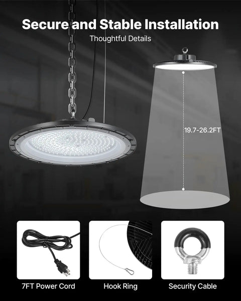 Secure installation diagram for 10 Pack LED High Bay Lights 150W 21000LM 5000K Beast Bright UFO Warehouse Shop Lights IP65 Waterproof