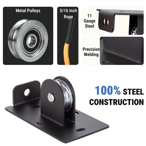 Ladder Hoist For Garage Ceiling Storage Beefy All Steel Pulley System Holds 150 Lbs 5.5 Inch Low Profile Self Locking Lift Parallel Or Perpendicular Mounting with metal pulleys and 5/16 inch rope.