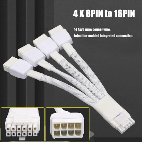 Industrial 4x8-pin to 16-pin PCIe power cable for 40-series GPUs with white braided sleeve and welded terminals