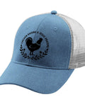 Sky Blue Adjustable Trucker Cap For Women with rooster design, Washed Cotton Dad Hat With Breathable Comfort, Lightweight Summer Baseball Hat