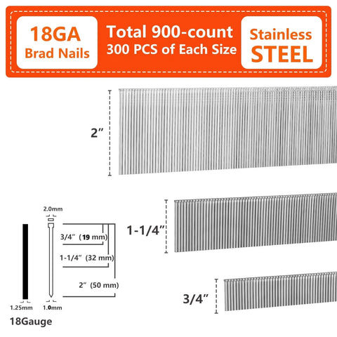 Built Like A Brick Premium 304 Stainless Steel Brad Nails 18 Gauge Rust Resistant Fasteners For Heavy Duty Carpentry And Weekend Warrior Projects Badass Durability Multi Size Pack, showing sizes 3/4", 1-1/4", 2".