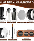 All In One 7 Piece Espresso Accessories Kit For Home Baristas Includes 54mm Espresso Tamper WDT Needle Stirrer Wood Tamping Station Dosing Funnel Brush Puck Screen And Distributor For Perfect Clean Shots Every Time image showing components with measurements.