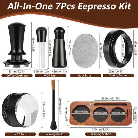All In One 7 Piece Espresso Accessories Kit For Home Baristas Includes 54mm Espresso Tamper WDT Needle Stirrer Wood Tamping Station Dosing Funnel Brush Puck Screen And Distributor For Perfect Clean Shots Every Time image showing components with measurements.