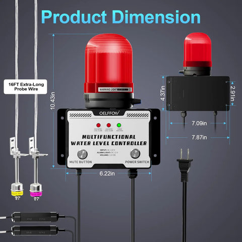 Heavy Duty 110V Water Level Alarm With High Low Detector 110dB Siren And Light Outdoor Rated Water Level Monitor dimensions