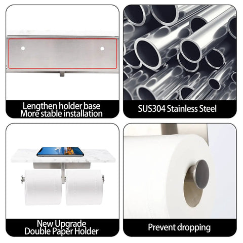 Features of Wall Mounted Toilet Paper Holder With Natural Marble Shelf For Mega Rolls, showing base, materials, and dual holder.