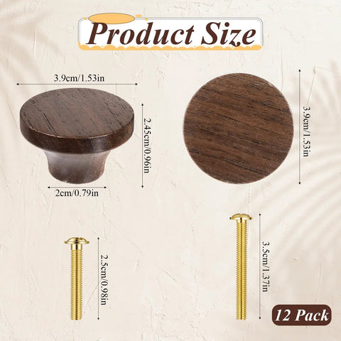 12 Pack Round Walnut Wood Drawer Handles 1.53 Inch Single Hole Cabinet Knobs With Screws, Easy Install For Dresser Cabinets