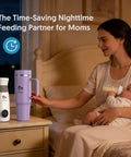 Portable Breast Milk Cooler With 24 Hour All Round Cooling And 18oz Bpa Free Container And 50oz Insulated Tumbler With Straw For On The Go Nursing Moms Keeping Fresh Stash Ice Cold On The Road, shown in nighttime setting with a mother feeding a baby.