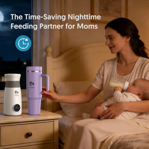 Portable Breast Milk Cooler With 24 Hour All Round Cooling And 18oz Bpa Free Container And 50oz Insulated Tumbler With Straw For On The Go Nursing Moms Keeping Fresh Stash Ice Cold On The Road, shown in nighttime setting with a mother feeding a baby.