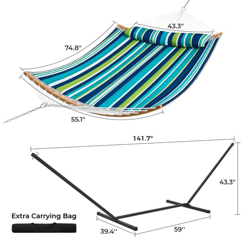 Two Person Heavy Duty Hammock With Stand And Padded Cotton, Detachable Pillow, Strong Curved Bar, Portable Carrying Bag in Dark Cyan