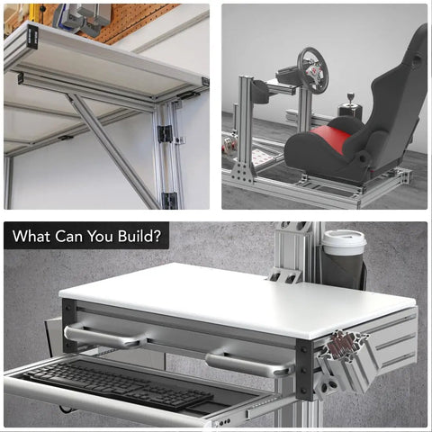 DIY builds using 80/20 aluminum extrusion with Heavy Duty 90 Degree Aluminum Corner Gusset L Bracket, showing desk, shelf, and simulator setup.