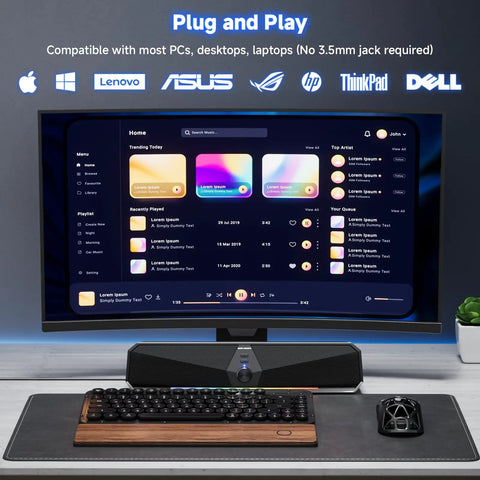 CS30 Bluetooth Desktop Speakers With USB Plug And Play For PC, Laptop, Tablet in front of monitor with keyboard and mouse