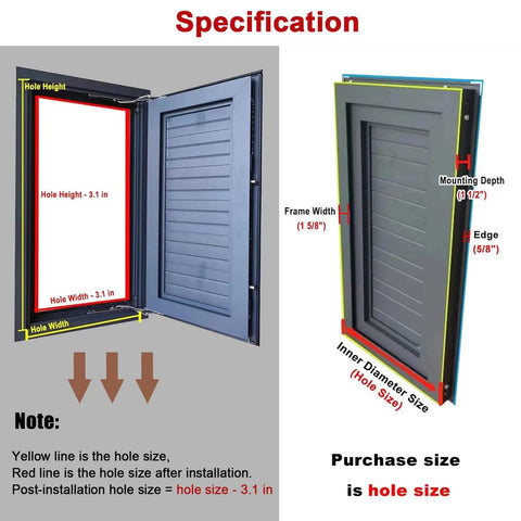 Heavy Duty Lockable Recessed Aluminum Access Door Panel 20X32 Inches specification with hole dimensions and mounting details.