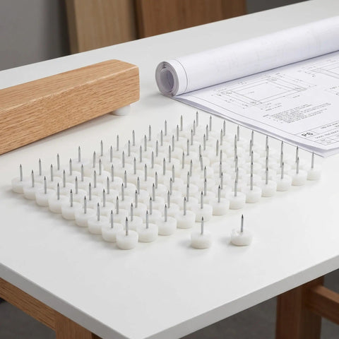 100 Pack Nail In Furniture Glides 0.94 Inch White Chair Leg Protectors Sliders for Hardwood Floors displayed on table