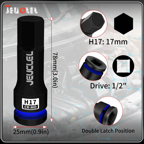 17mm Hex Impact Socket For Half Inch Drive Tough CrMo Steel Lengthened Hex Bit Adapter For Electric Ratchet Wrenches