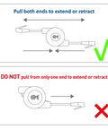 Diagram showing correct and incorrect use of 2-Pack 3Ft Retractable Ethernet Cables Cat5e For Gigabit Networking 10 100 1000 Mbps RJ45 Travel Friendly For Computers Printers And Media Streaming Devices