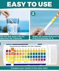 Steps using Top Notch pH Test Strips 0 to 14, 200 Count Litmus Paper Kit for Water, Liquid, Food, showing testing and color chart.