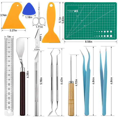 All In One Vinyl Weeding Toolkit For DIY Crafters, 33-Piece Set with ruler, spatula, tweezers, cutting board, and carving tools displayed.
