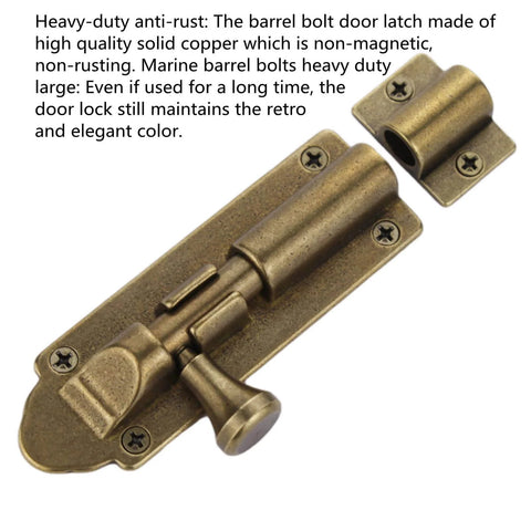 Beefy Barrel Bolt Latch For Barn Doors, 5 Inch Solid Copper Door Lock With Anti Rust Marine Grade Build, Heavy Duty Sliding Security Bolt In Antique Brass Or Oil Rubbed Bronze Finish, front view