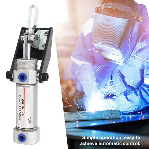Rock Solid Pneumatic Hold Down Clamp Delivering Fifty Kilogram Grip Force And No Sweat Quick Release Setup For Serious Shop Builders And Weekend Warriors attached to workpiece during welding.