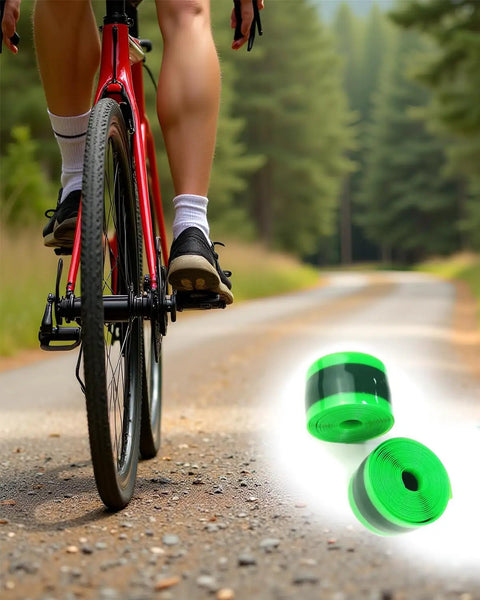 Cyclist on trail with Mountain Bike Tire Liner Inner Tube Flat Protector Pair For 24in 26in 29in, green polyurethane barrier visible