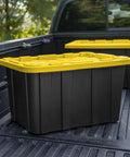 Six Pack 27 Gallon Heavy Duty Industrial Totes With Locking Lids Stackable Plastic Storage Bins For Garage Workshop And Warehouse Organization Rugged Black And Yellow Construction