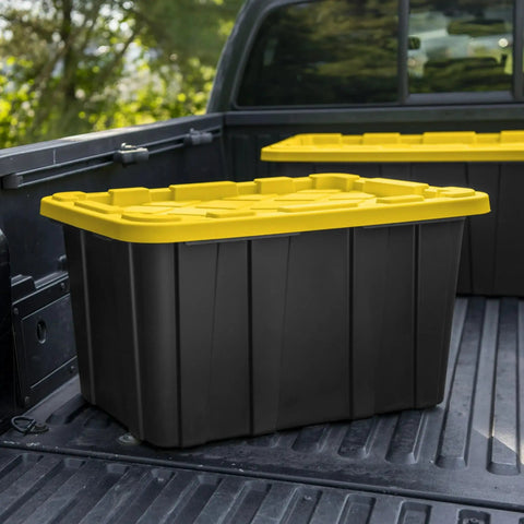 Six Pack 27 Gallon Heavy Duty Industrial Totes With Locking Lids Stackable Plastic Storage Bins For Garage Workshop And Warehouse Organization Rugged Black And Yellow Construction