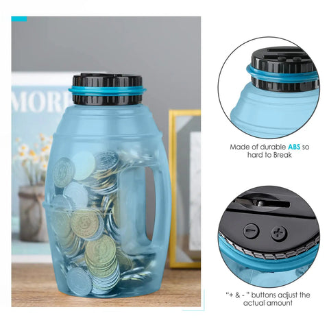 Blue Ultra Large Digital Coin Bank With LCD Counter for All US Coins, 2.8L Capacity Money Jar, ABS plastic, on desk