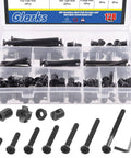 M6 Hardware Kit With 42 Hex Socket Bolts Across Seven Lengths From 20mm To 80mm, 20 Barrel Nuts, 25 Threaded Insert Nuts, kit displayed
