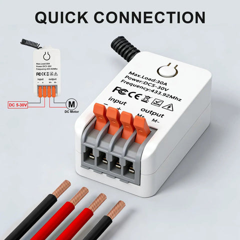 Slick Forward And Reverse Remote Switch With Dual Wireless Controllers For Heavy Duty Linear Actuators, Garage Doors, Curtains, And Bed Lifting Systems Operating On DC 5V To 30V With A Punchy 30A Load Rating, showing quick connection with wires.