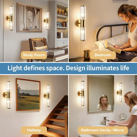 Sleek Dope Brushed Brass Vanity Light Fixture With Dual Glass Rods Wall Sconce For Bathroom Double E12 Candelabra Base Sockets Mirror Lighting Modern Vanity Glow Bulbs Not Included illuminating various spaces like study and bathroom.