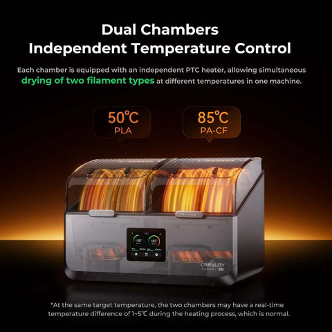 Space Pi X4 Filament Dryer Box With Dual Chambers, 200W PTC Heaters, drying different filaments at 50C and 85C.