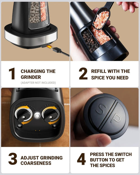 Steps to use 2 In 1 Rechargeable Salt And Pepper Grinder Set With USB C Charging Base One Handed Automatic Grinders Dual Chamber Refillable Mills Adjustable Coarseness And Built In Light Perfect Housewarming Gift For Cooks.